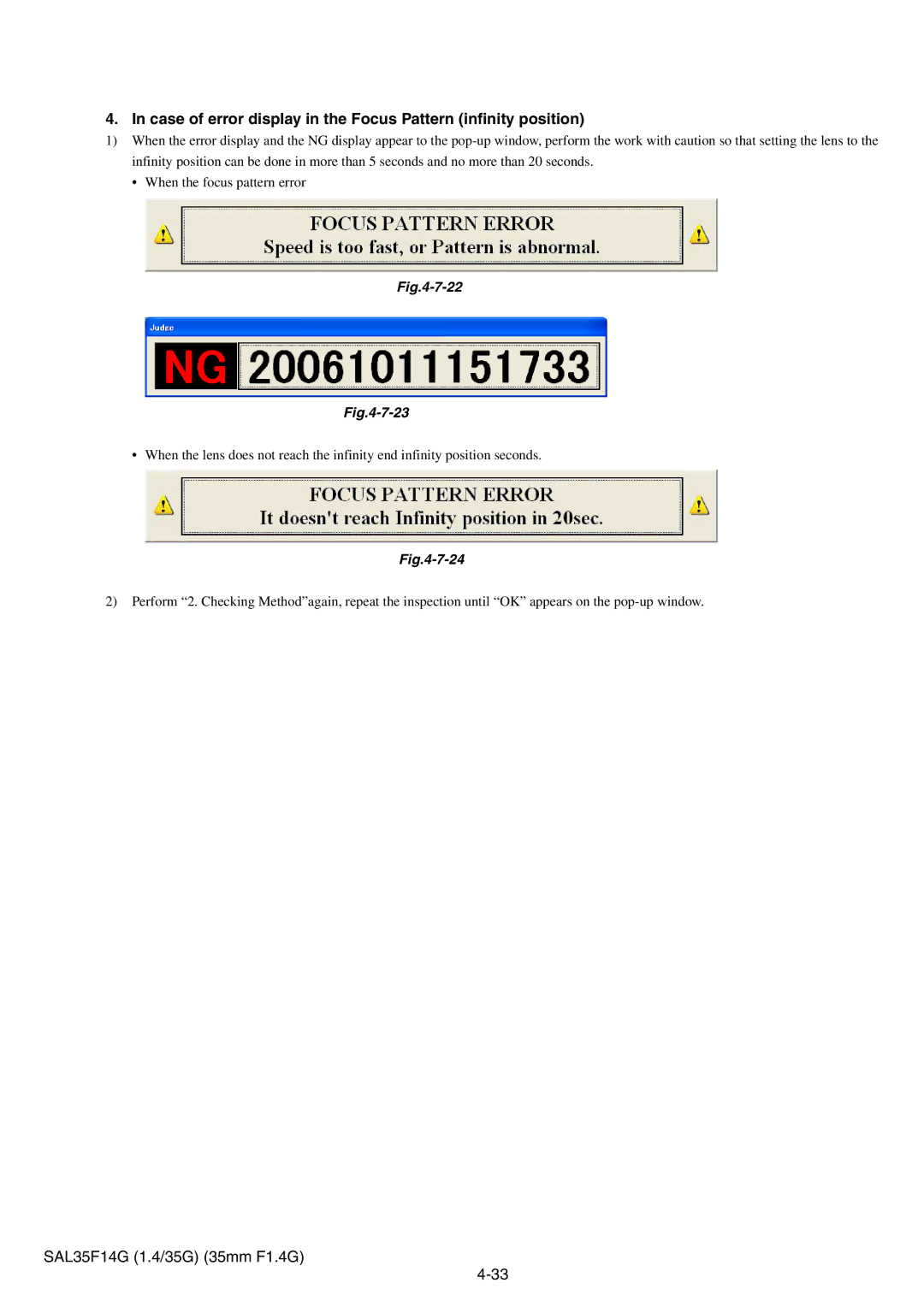 Sony SAL35F14G service manual Case of error display in the Focus Pattern infinity position 