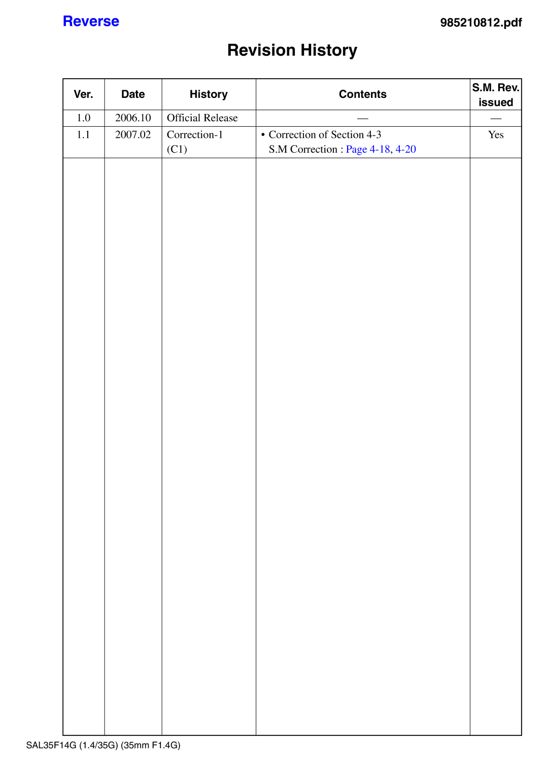 Sony SAL35F14G service manual Ver, Contents Rev Issued 