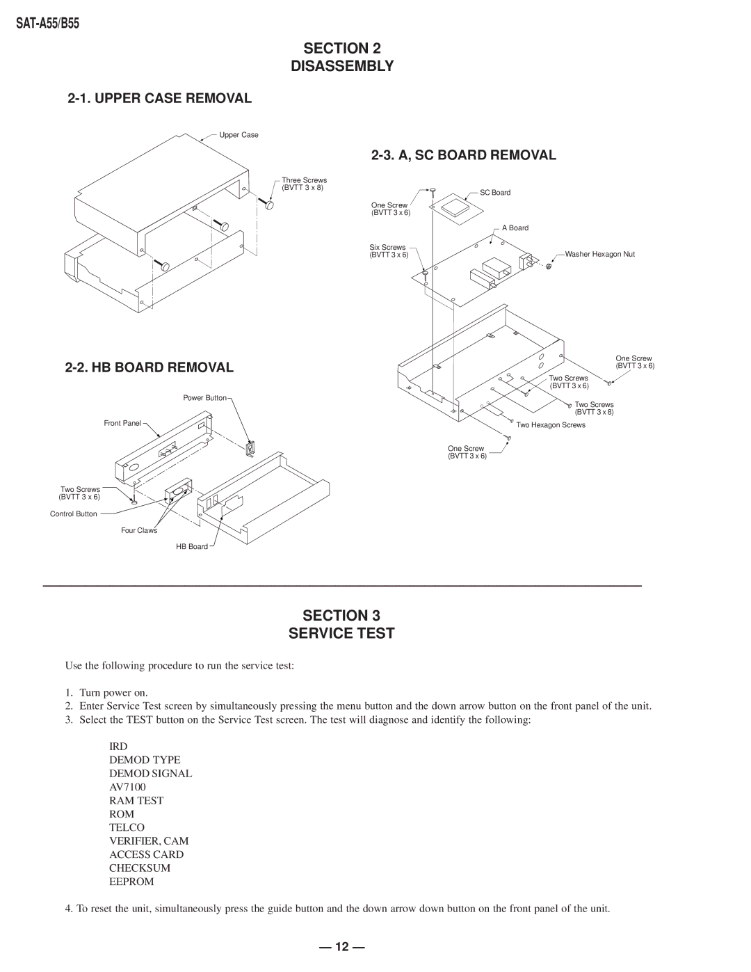 Sony SAT-A55 RM-Y802, SAT-B55 RM-Y139 service manual Section Disassembly, Section Service Test 