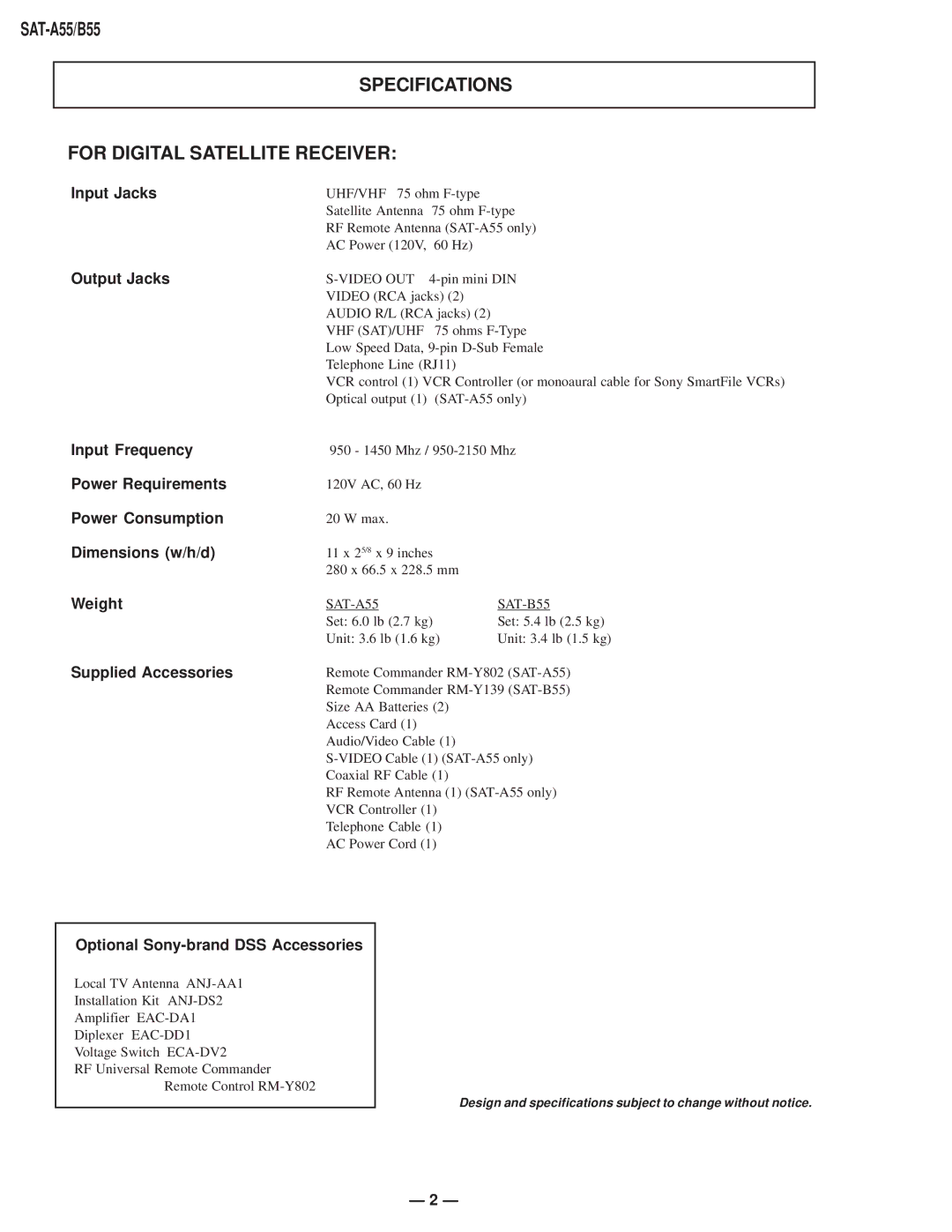 Sony SAT-B55 RM-Y139, SAT-A55 RM-Y802 service manual Specifications For Digital Satellite Receiver, Input Jacks 