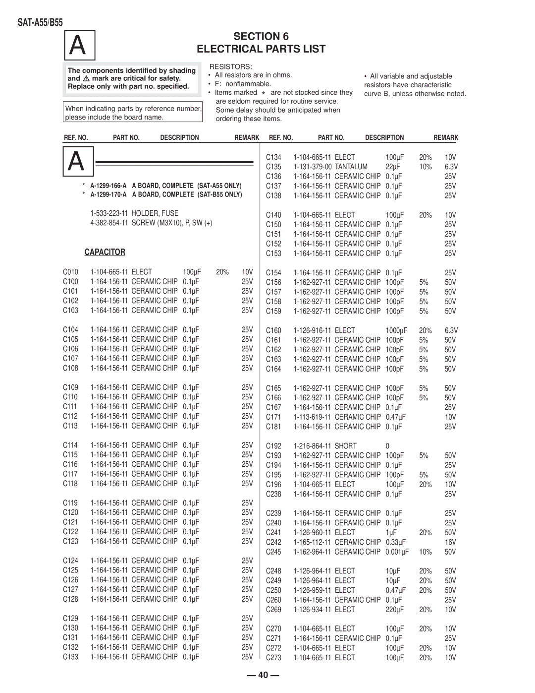 Sony SAT-B55 RM-Y139, SAT-A55 RM-Y802 service manual Section Electrical Parts List, Capacitor 