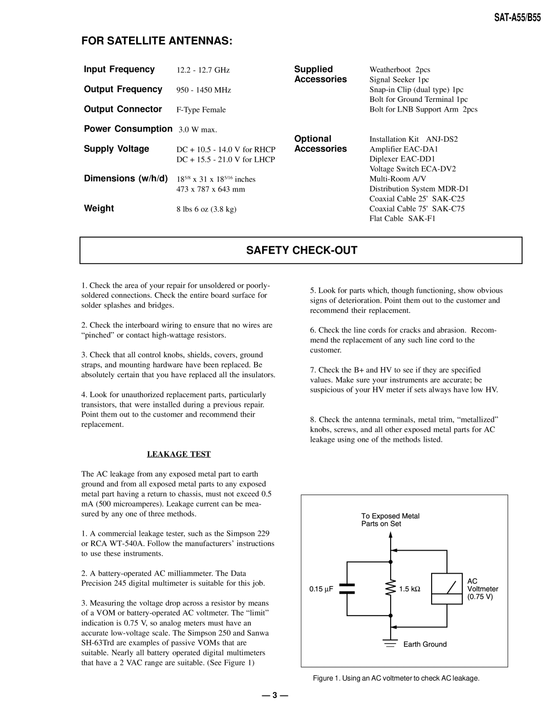 Sony SAT-A55 RM-Y802, SAT-B55 RM-Y139 service manual For Satellite Antennas, Safety CHECK-OUT 