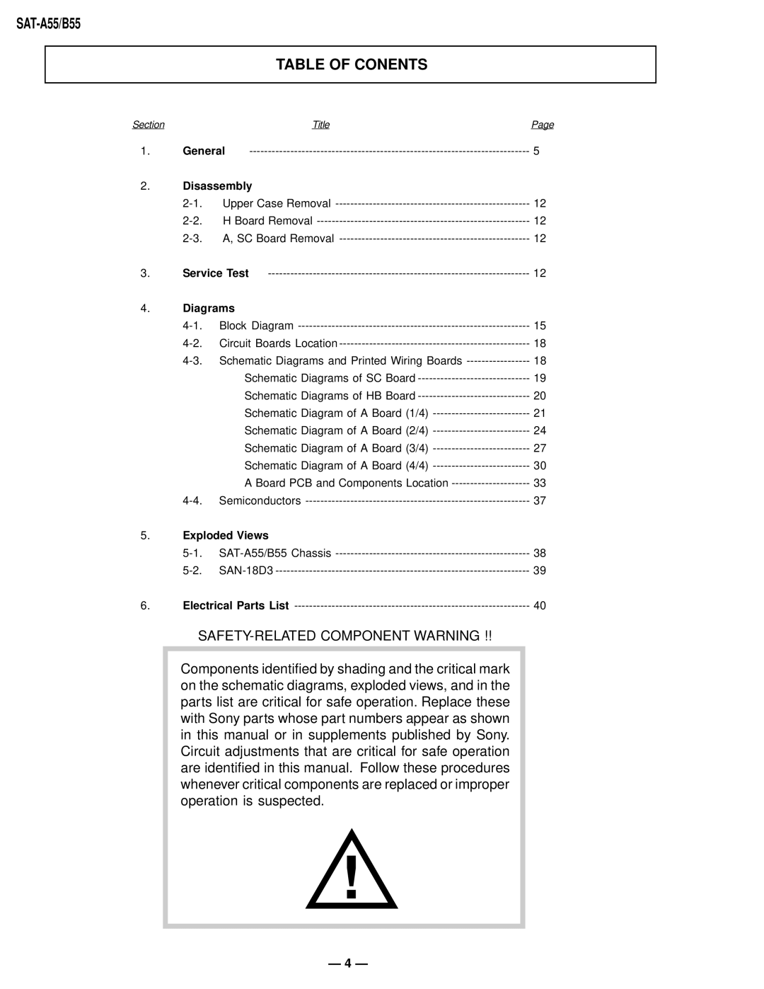 Sony SAT-B55, SAT-A55 RM-Y802 service manual Table of Conents, General, SAT-A55/B55 Chassis SAN-18D3 Electrical Parts List 