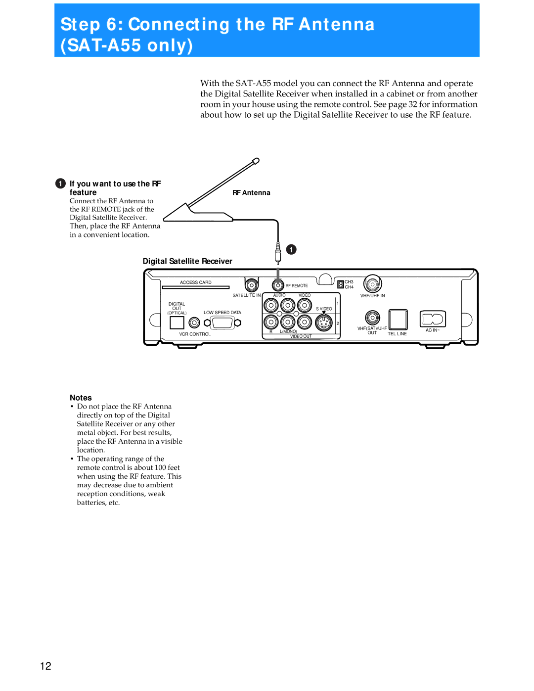 Sony manual Connecting the RF Antenna SAT-A55 only, If you want to use the RF Feature 