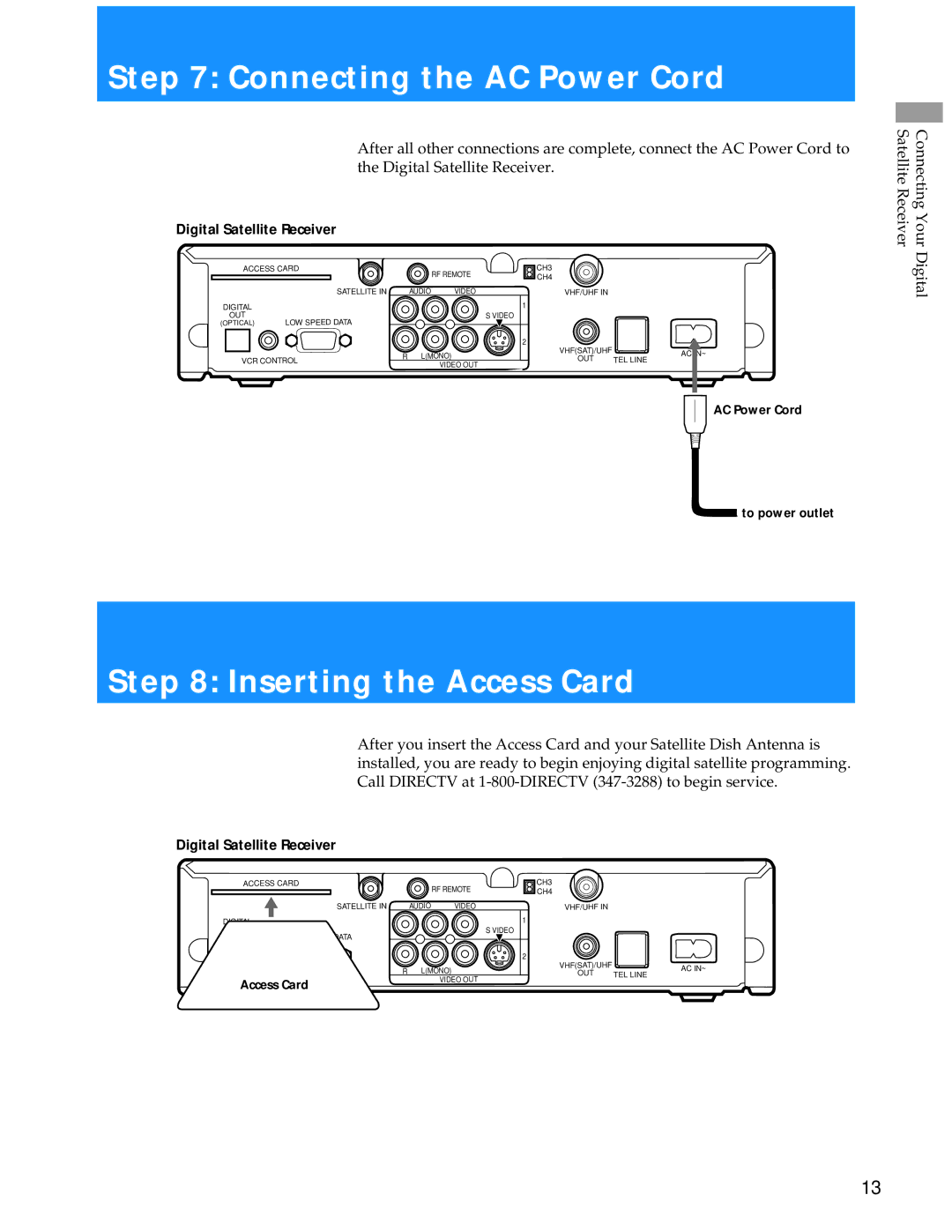 Sony SAT-A55 manual Connecting the AC Power Cord, Inserting the Access Card, Your Digital, AC Power Cord To power outlet 