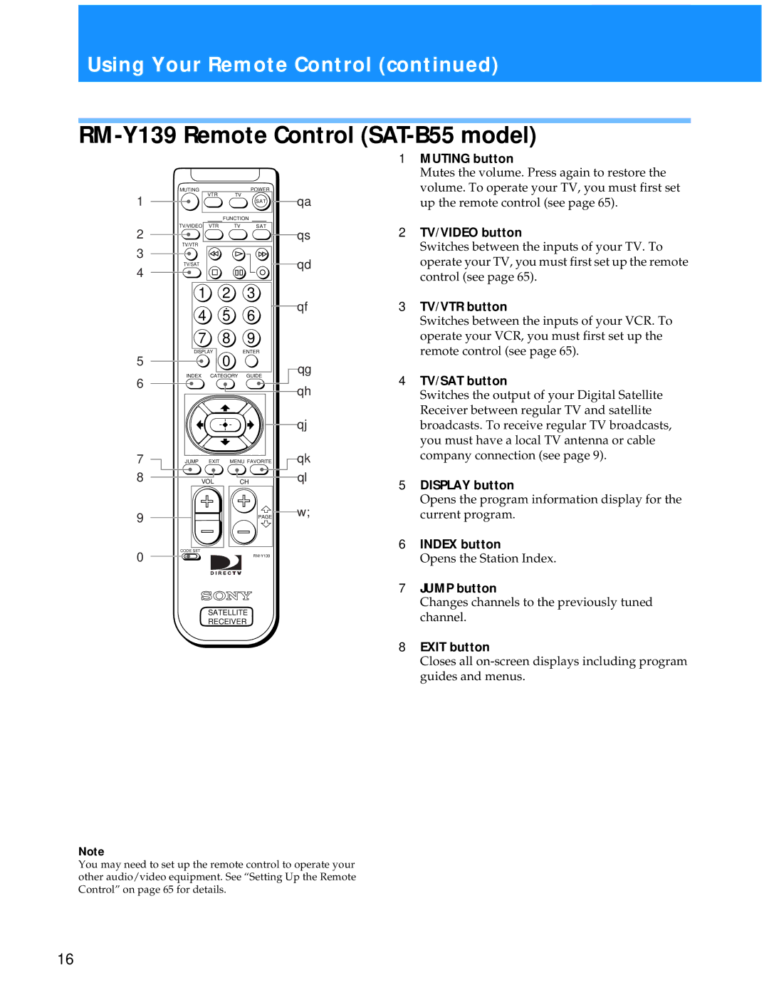 Sony SAT-A55 manual RM-Y139 Remote Control SAT-B55 model 