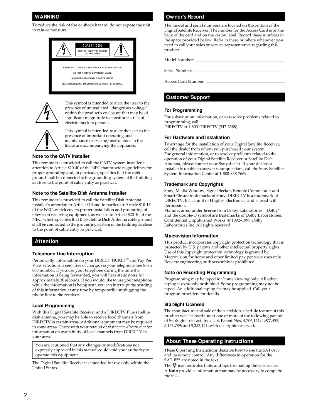 Sony SAT-A55 manual Telephone Line Interruption, Local Programming, For Programming, For Hardware and Installation 