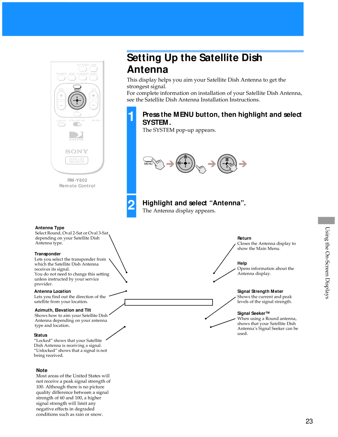 Sony SAT-A55 manual Setting Up the Satellite Dish Antenna, Highlight and select Antenna, Antenna display appears 