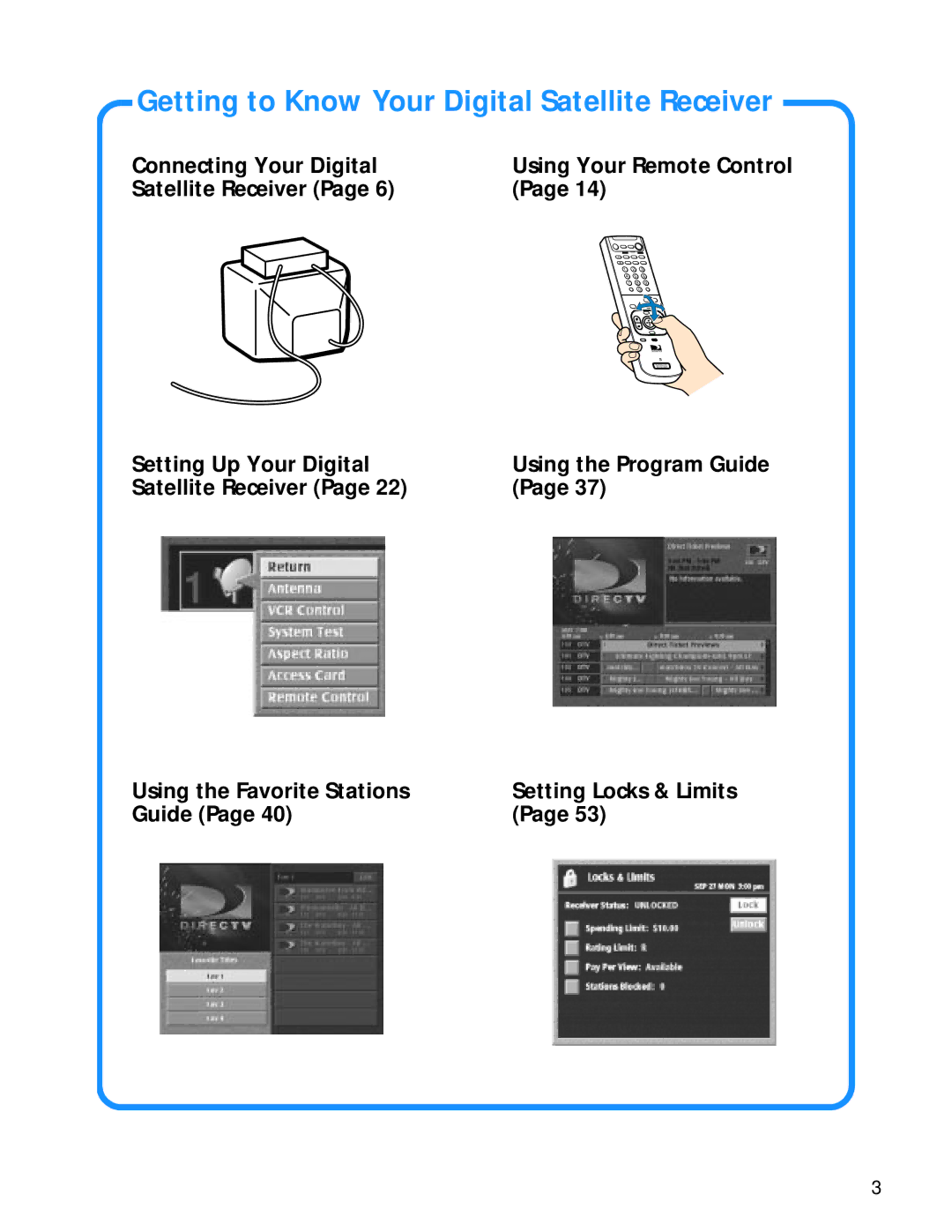 Sony SAT-A55 manual Setting Up Your Digital, Satellite Receiver Using the Favorite Stations, Guide, Setting Locks & Limits 