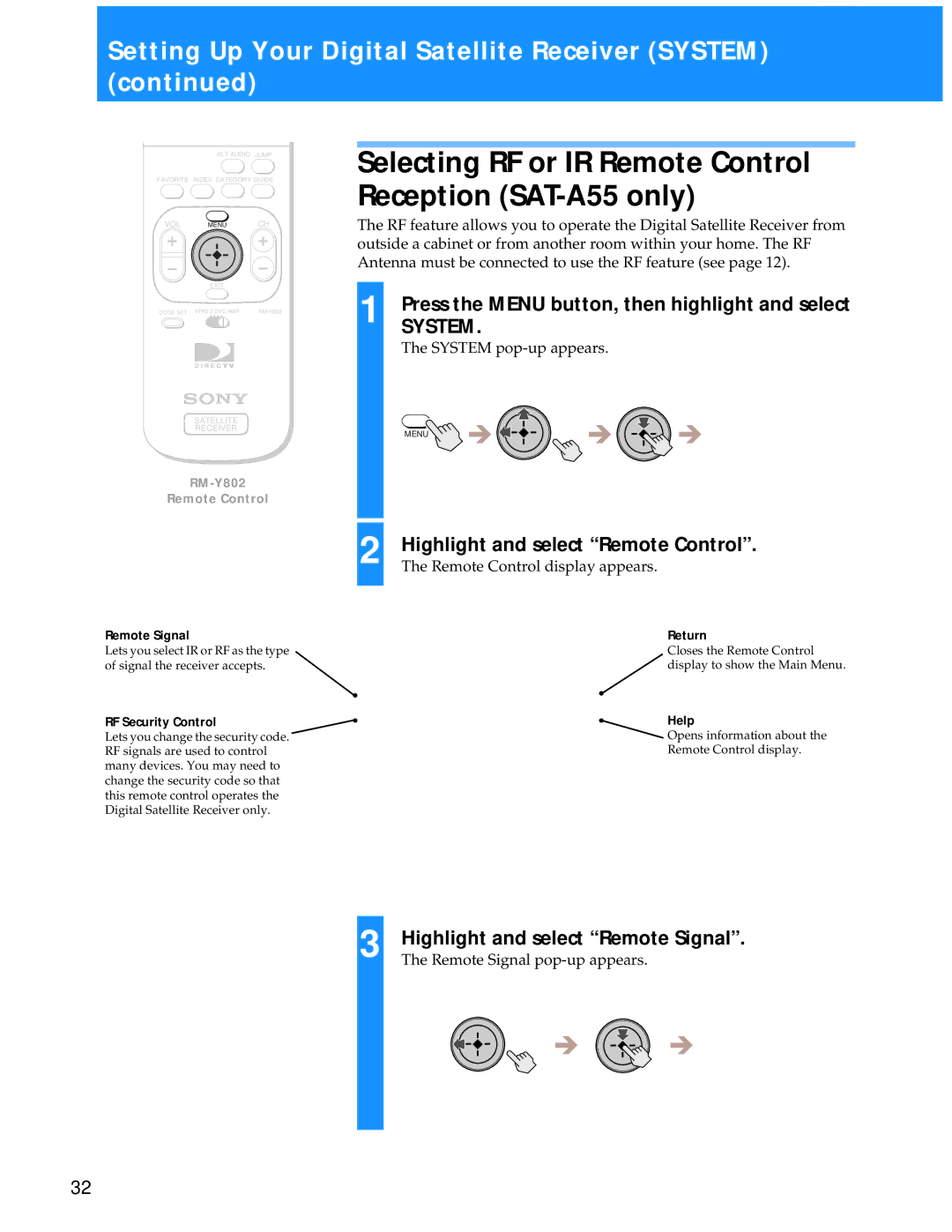 Sony SAT-A55 manual Remote Control display appears, Remote Signal pop-up appears, RF Security Control 