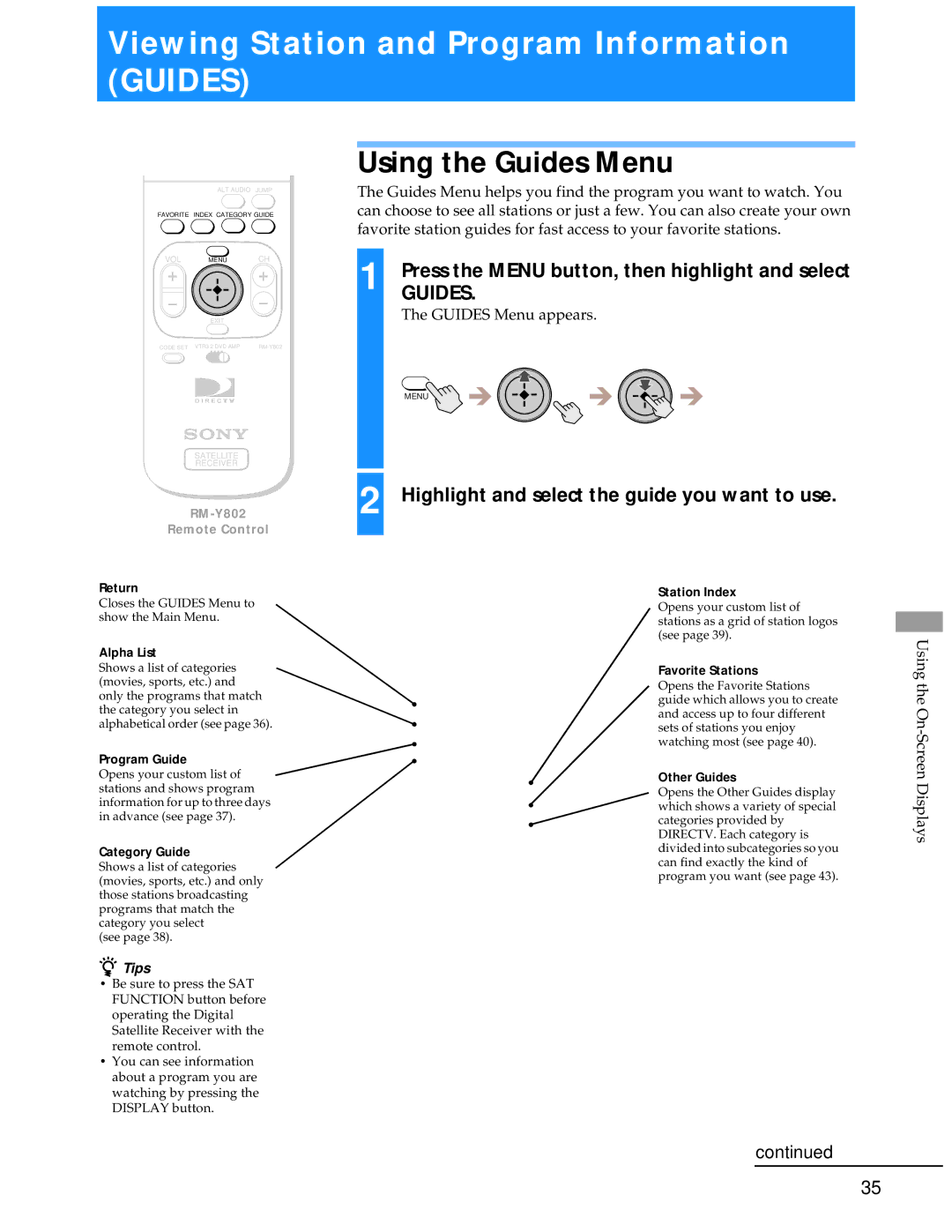 Sony SAT-A55 manual Viewing Station and Program Information Guides, Using the Guides Menu, Guides Menu appears 