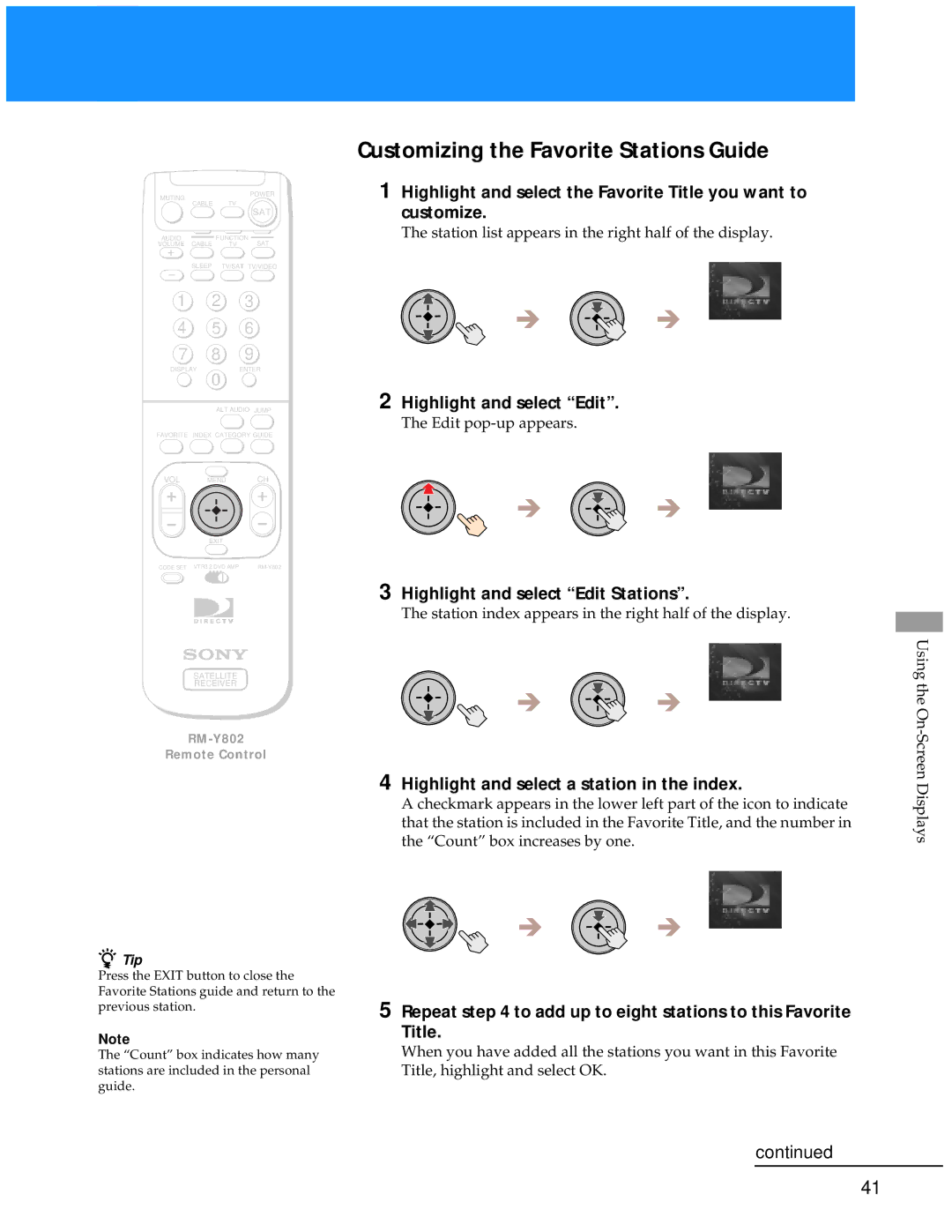 Sony SAT-A55 manual Customizing the Favorite Stations Guide 