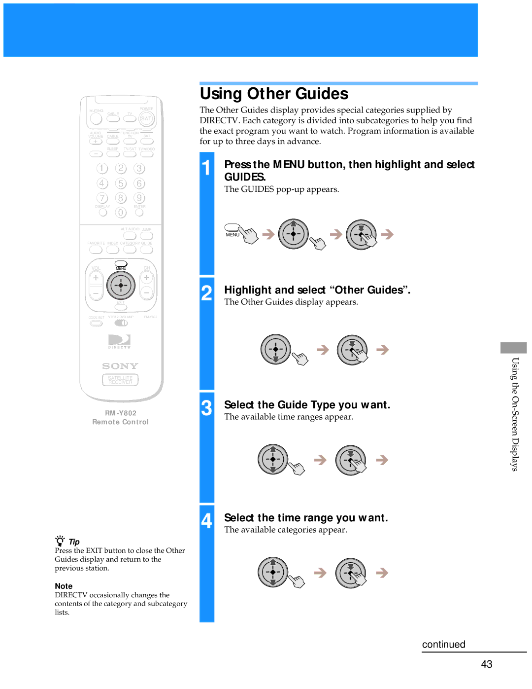 Sony SAT-A55 manual Using Other Guides, Select the Guide Type you want, Select the time range you want 