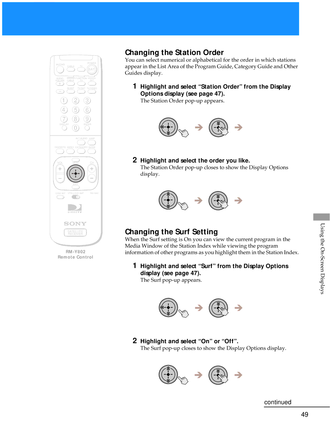 Sony SAT-A55 manual Changing the Station Order, Changing the Surf Setting, Highlight and select the order you like 