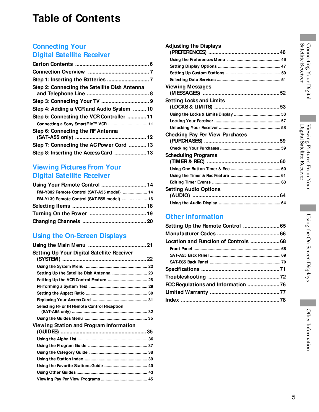 Sony SAT-A55 manual Table of Contents 