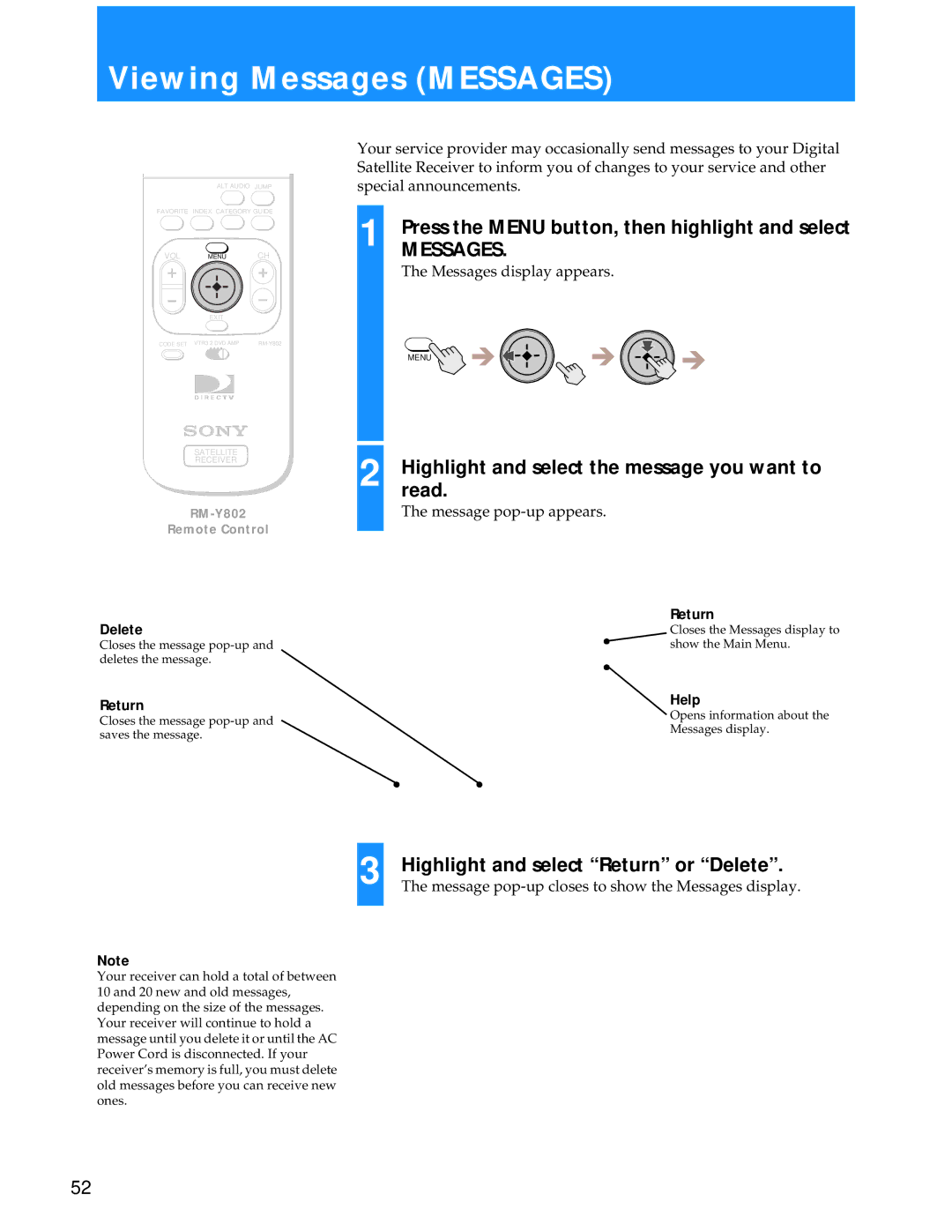 Sony SAT-A55 manual Viewing Messages Messages, Highlight and select the message you want to, Read 