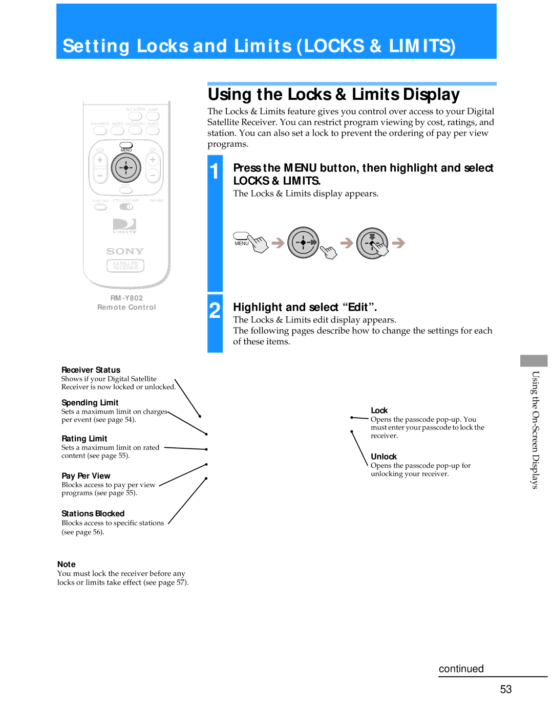 Sony SAT-A55 Setting Locks and Limits Locks & Limits, Using the Locks & Limits Display, Locks & Limits display appears 