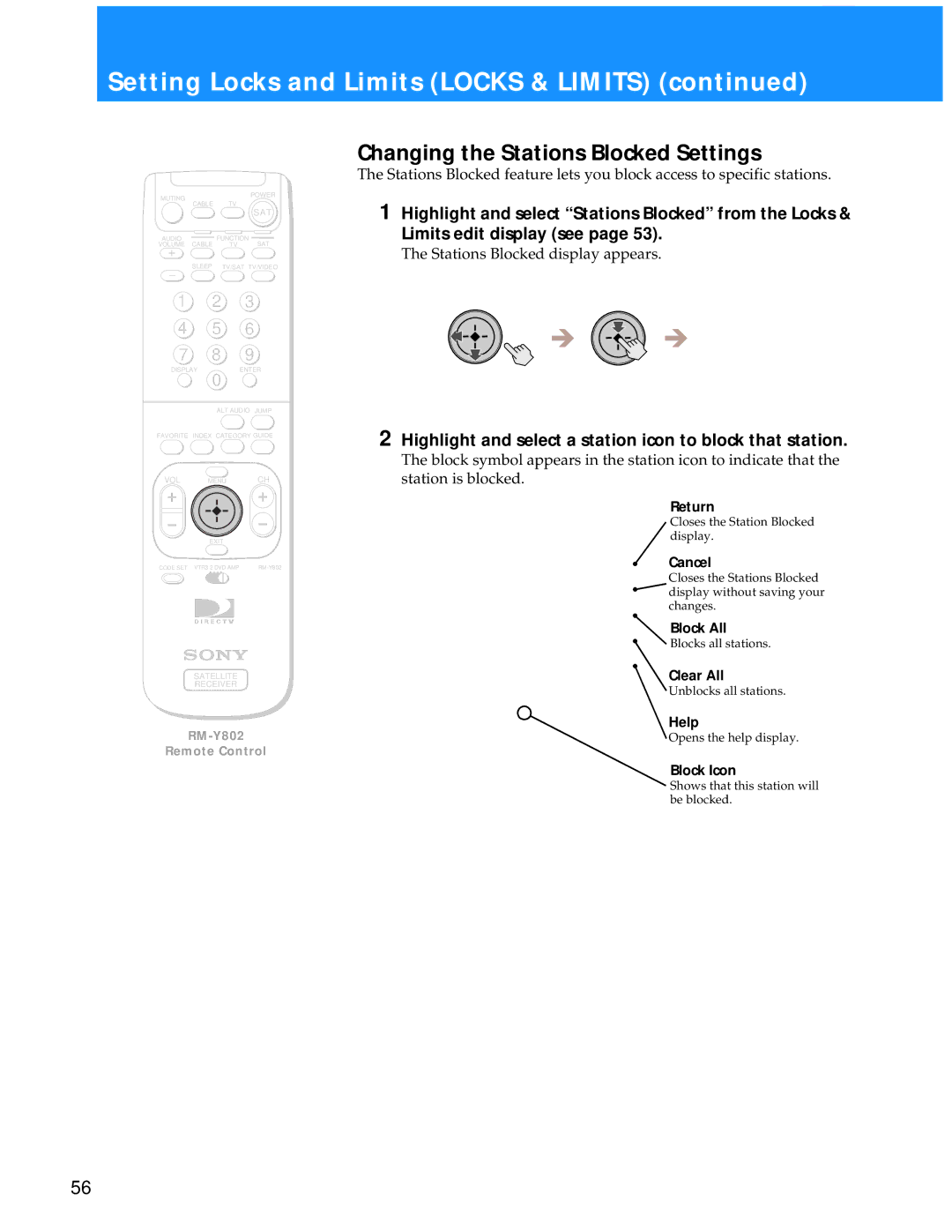 Sony SAT-A55 Changing the Stations Blocked Settings, Highlight and select a station icon to block that station, Block All 