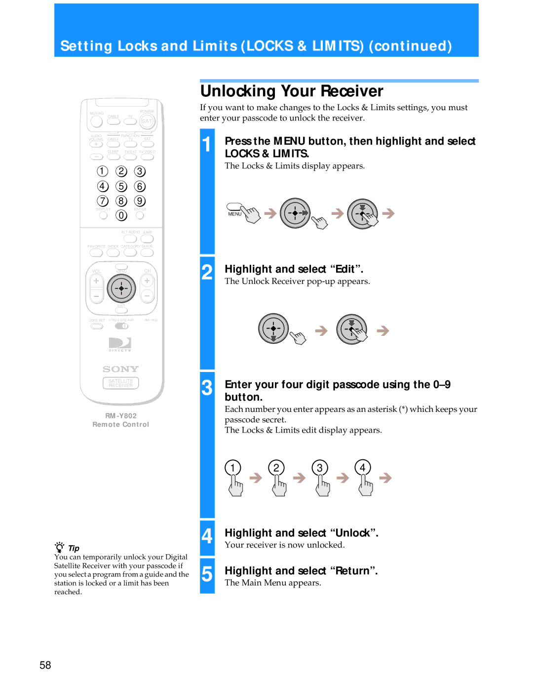 Sony SAT-A55 manual Unlocking Your Receiver, Highlight and select Edit, Button, Highlight and select Unlock 