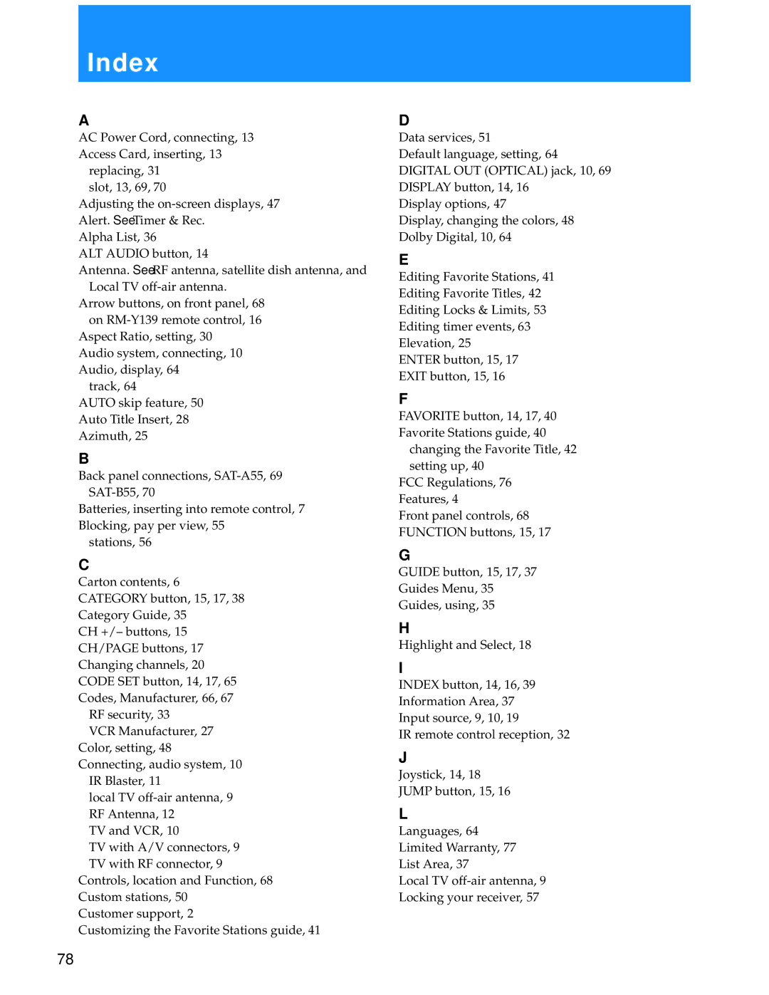 Sony SAT-A55 manual Index 