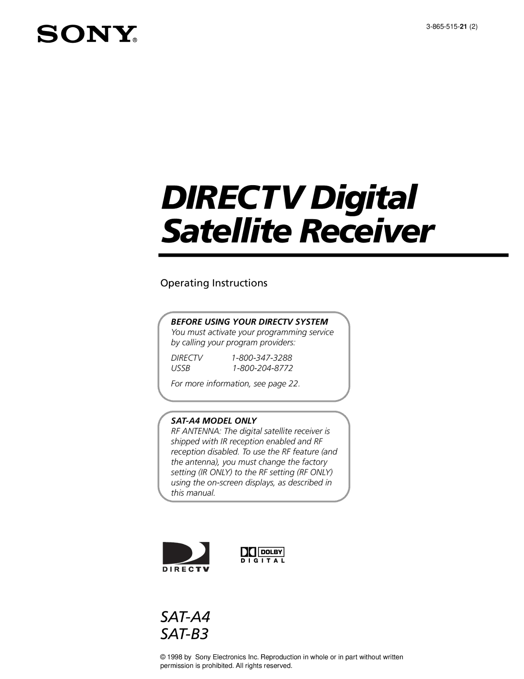 Sony SAT-A4, SAT-B3 operating instructions Directv Digital Satellite Receiver 