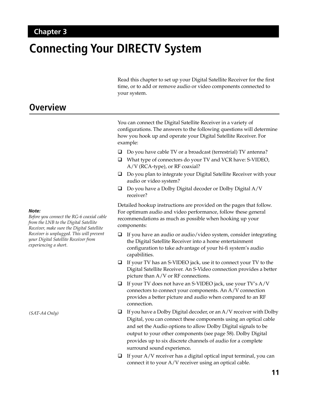 Sony SAT-A4, SAT-B3 operating instructions Connecting Your Directv System, Overview 