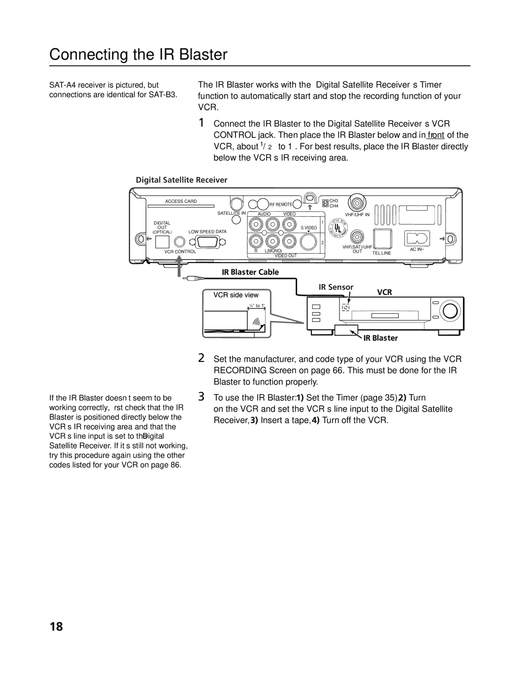 Sony SAT-B3, SAT-A4 operating instructions Connecting the IR Blaster, IR Sensor 