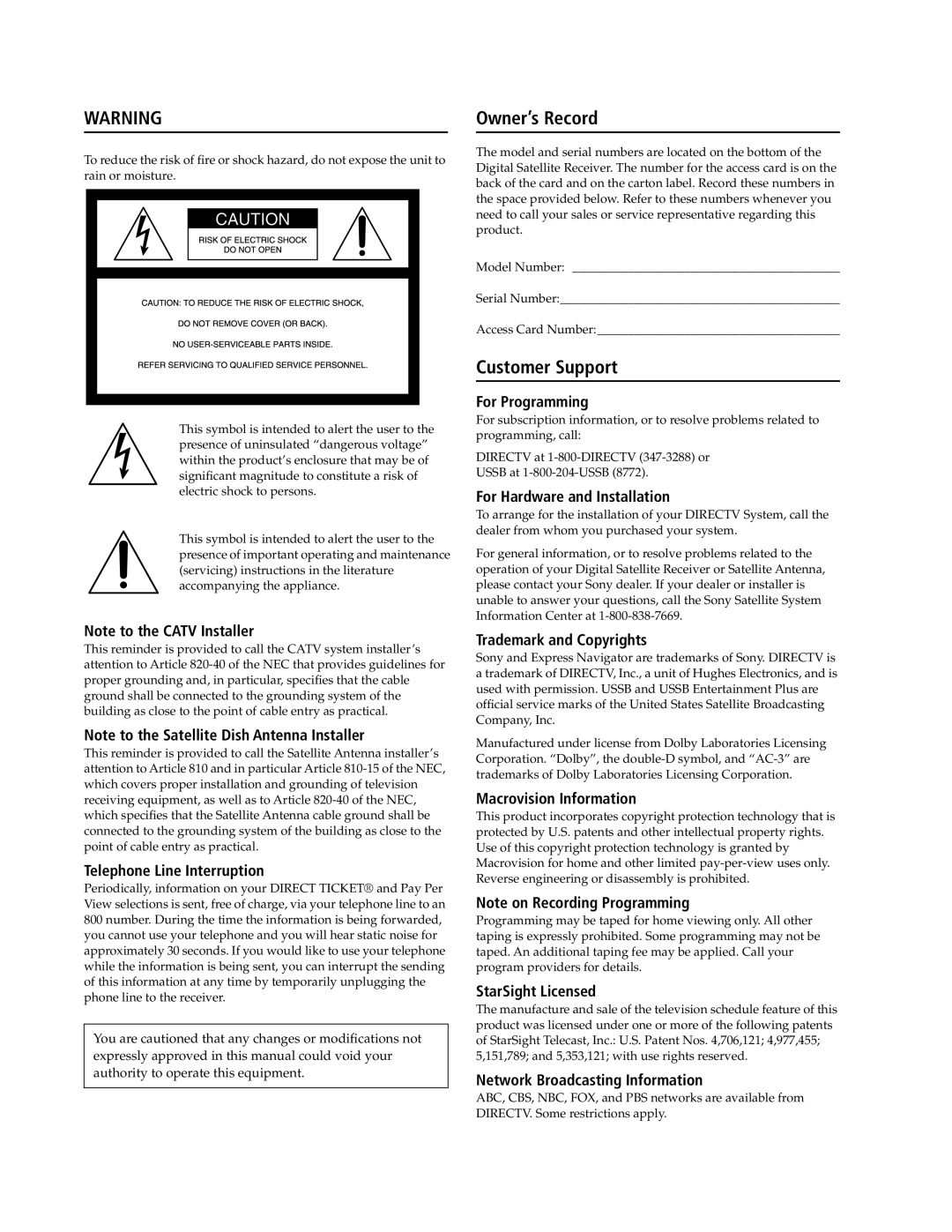 Sony SAT-B3, SAT-A4 Telephone Line Interruption, For Programming, For Hardware and Installation, Trademark and Copyrights 