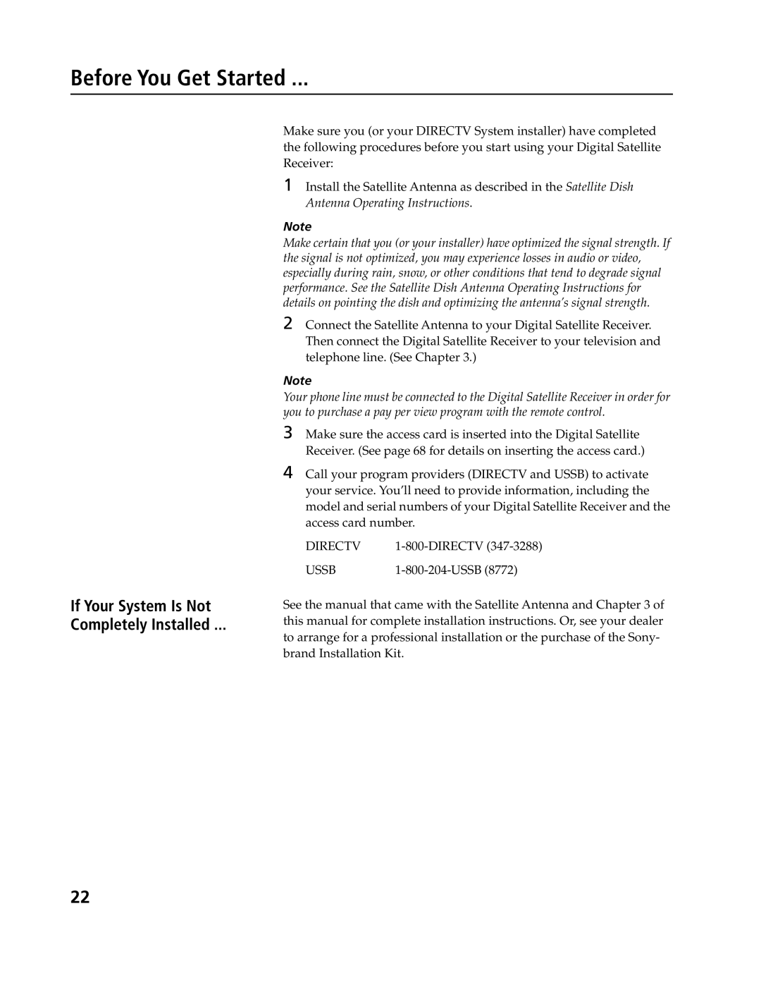 Sony SAT-B3, SAT-A4 operating instructions Before You Get Started, If Your System Is Not Completely Installed, Directv, Ussb 