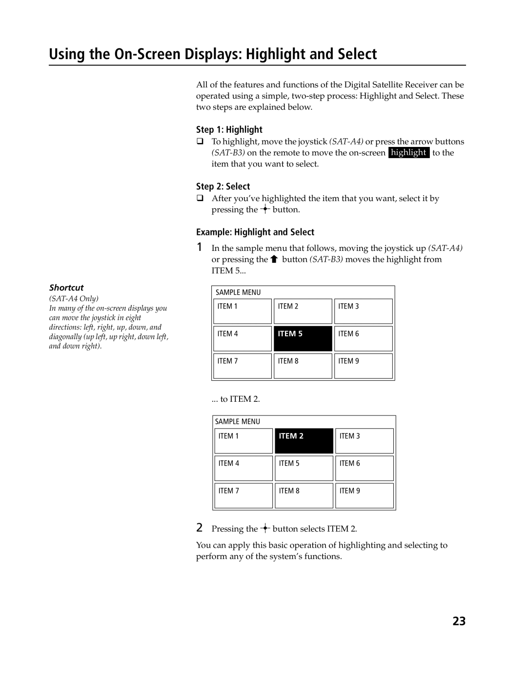 Sony SAT-A4, SAT-B3 Using the On-Screen Displays Highlight and Select, Example Highlight and Select, To Item 