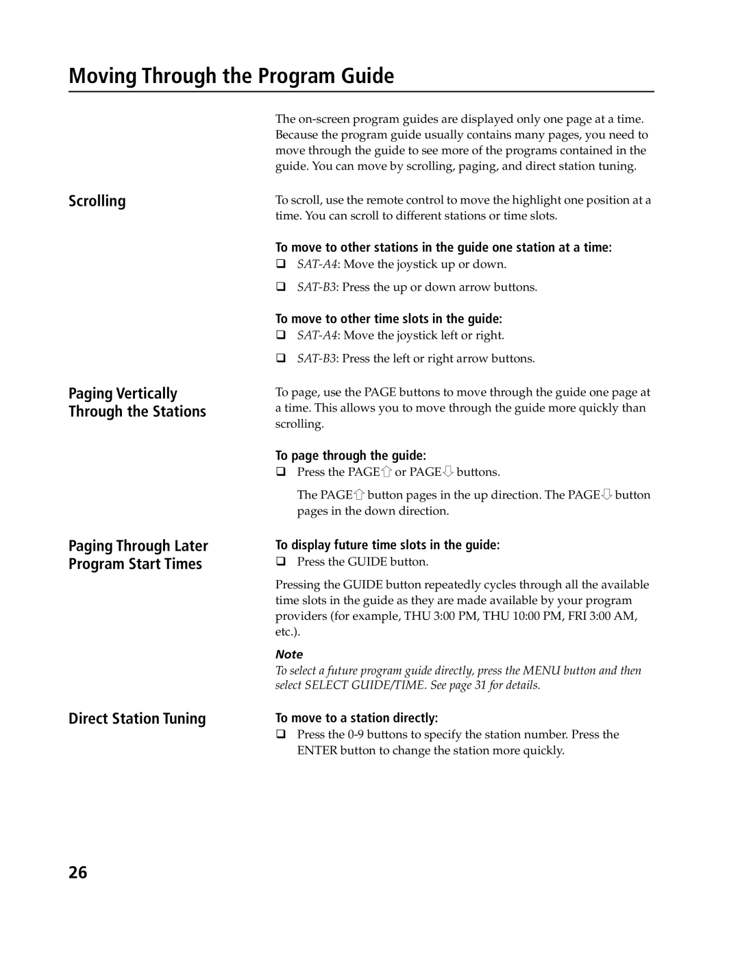 Sony SAT-B3, SAT-A4 operating instructions Moving Through the Program Guide, Scrolling, Direct Station Tuning 