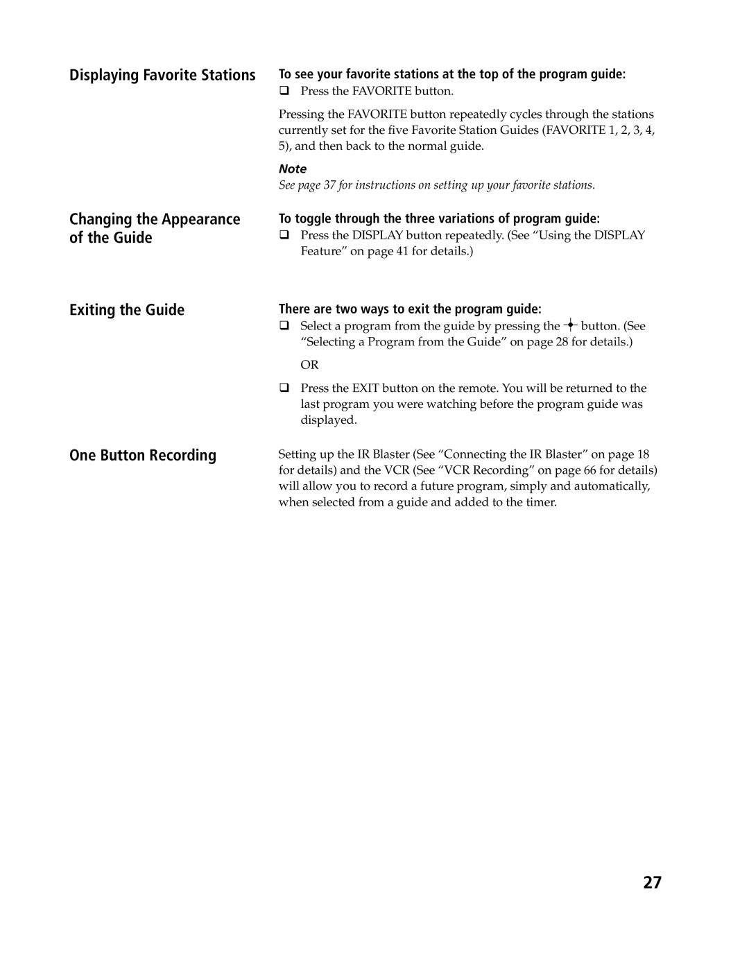 Sony SAT-A4, SAT-B3 operating instructions Displaying Favorite Stations, Exiting the Guide One Button Recording 