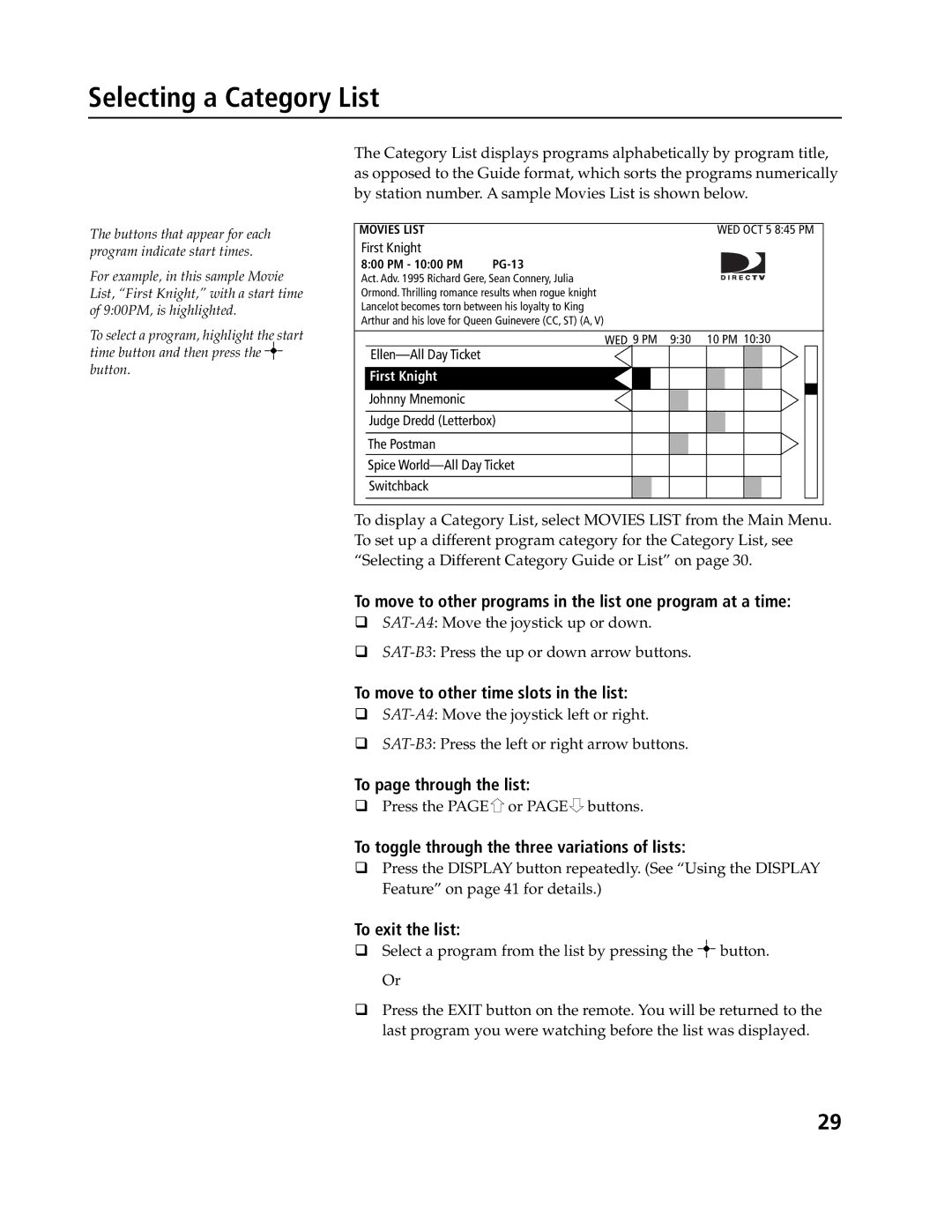 Sony SAT-A4, SAT-B3 operating instructions Selecting a Category List 