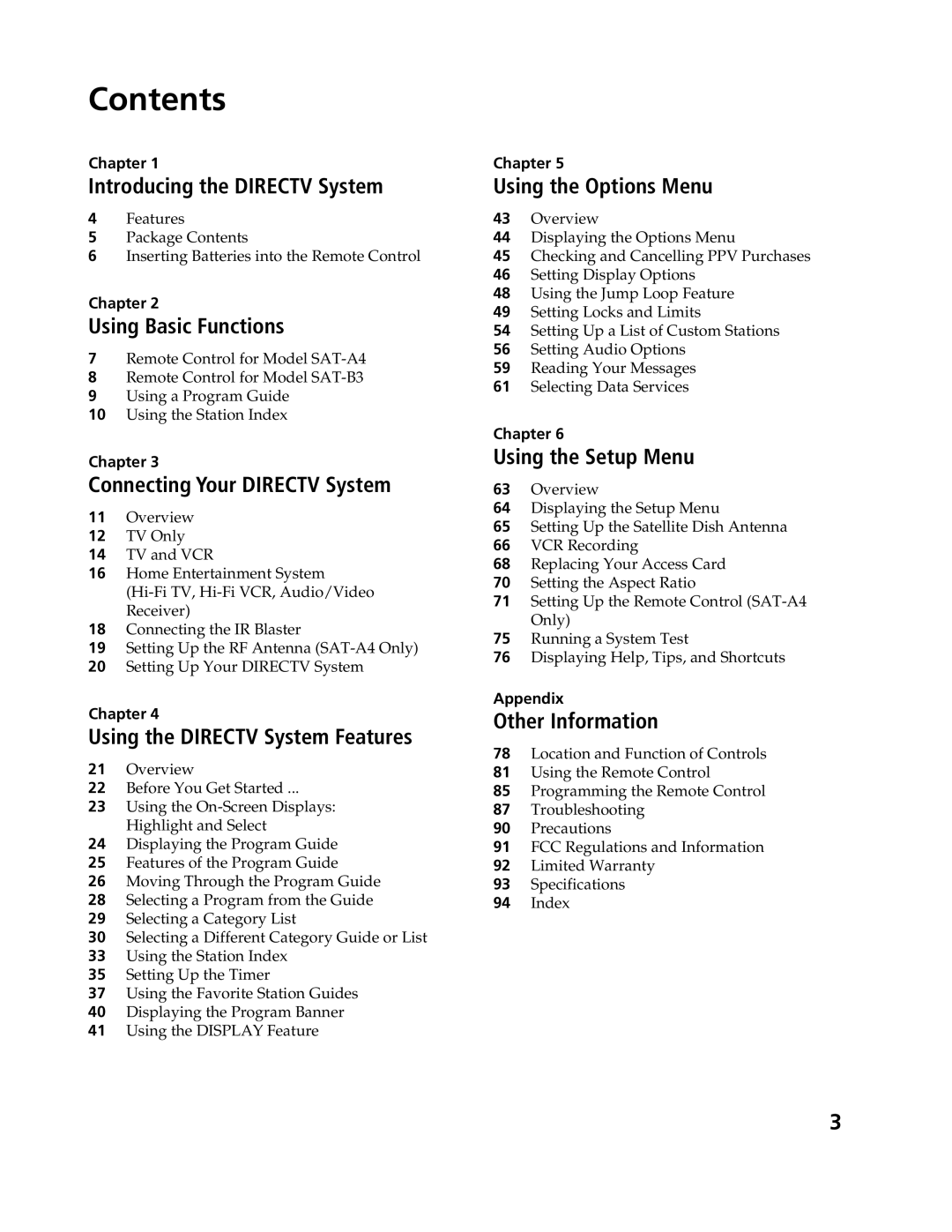 Sony SAT-A4, SAT-B3 operating instructions Contents 