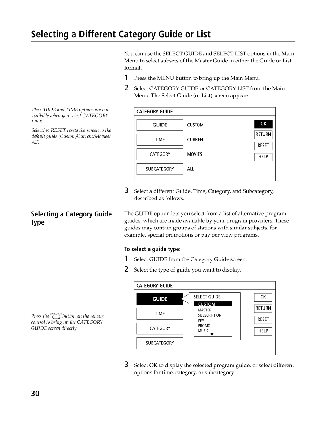 Sony SAT-B3, SAT-A4 Selecting a Different Category Guide or List, Selecting a Category Guide Type, To select a guide type 