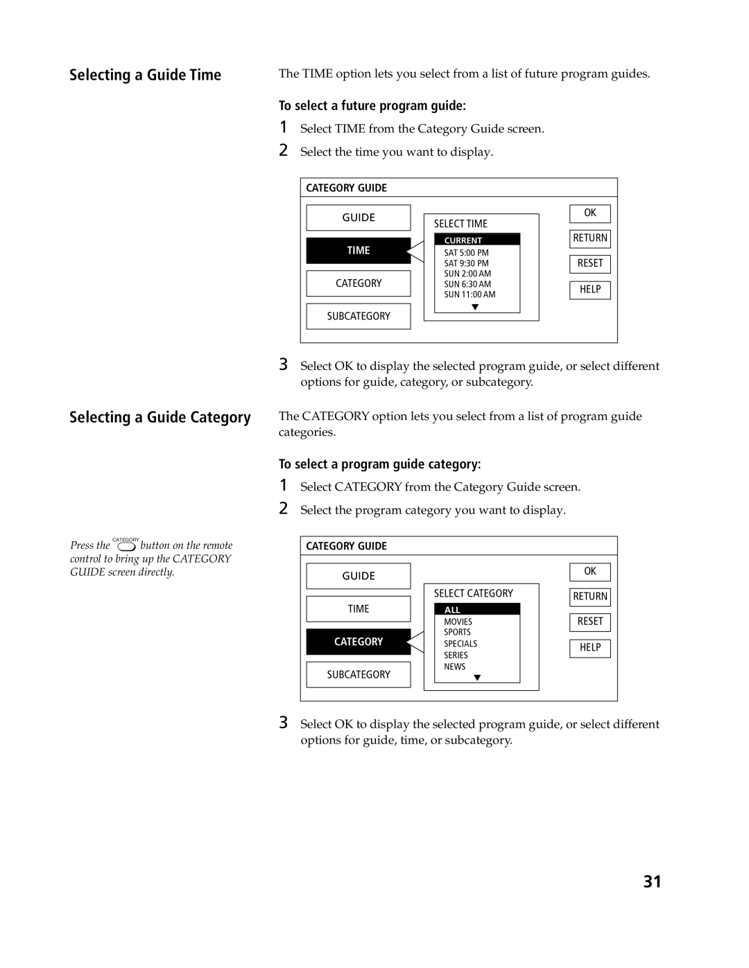 Sony SAT-A4, SAT-B3 Selecting a Guide Time, Selecting a Guide Category, To select a future program guide 