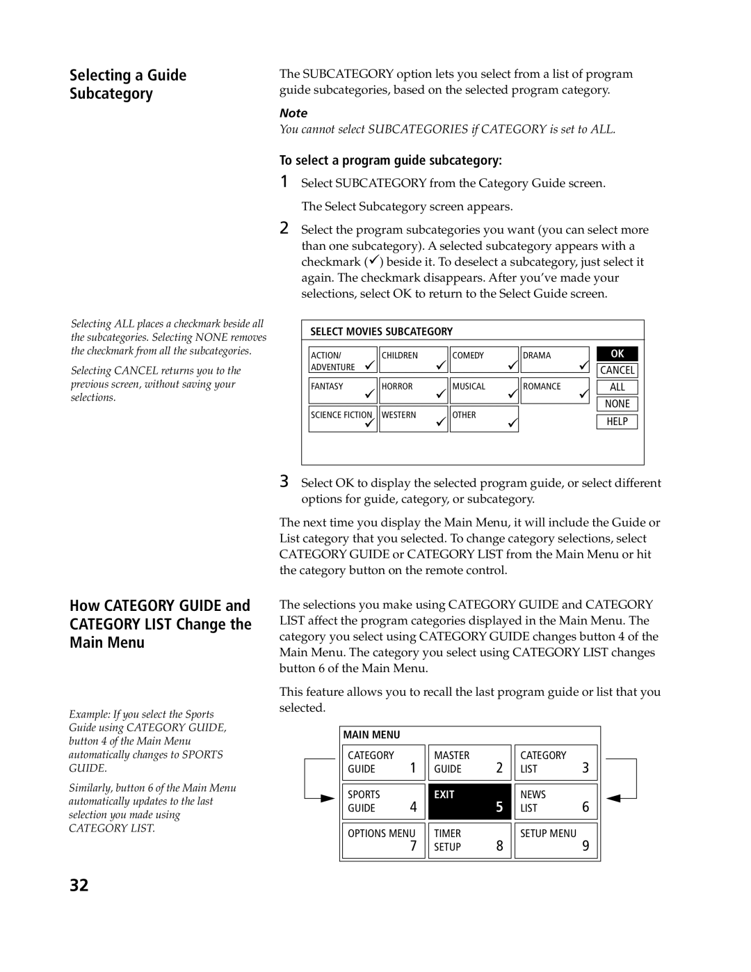 Sony SAT-B3, SAT-A4 operating instructions How Category Guide Category List Change Main Menu, Selecting a Guide Subcategory 