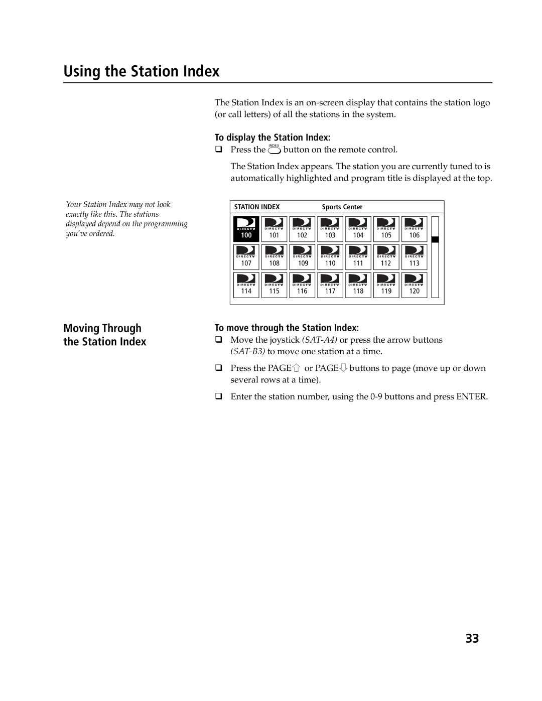 Sony SAT-A4, SAT-B3 operating instructions To display the Station Index, To move through the Station Index 