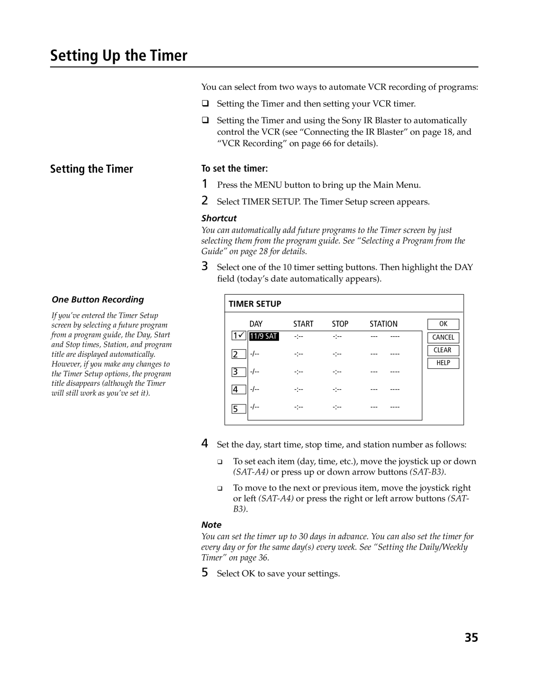 Sony SAT-A4, SAT-B3 Setting Up the Timer, Setting the Timer, To set the timer, Select OK to save your settings 