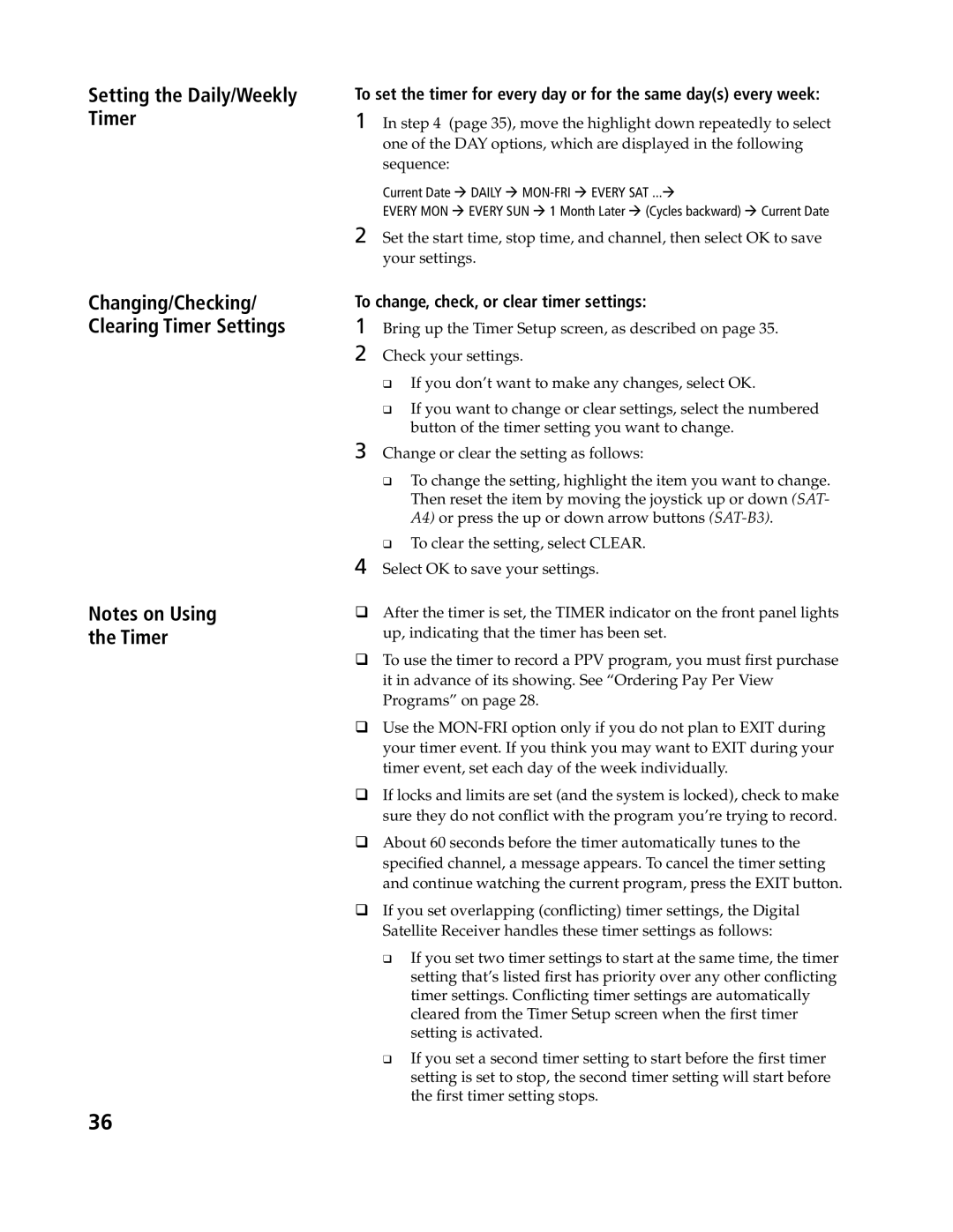 Sony SAT-B3, SAT-A4 operating instructions Setting the Daily/Weekly Timer, To change, check, or clear timer settings 