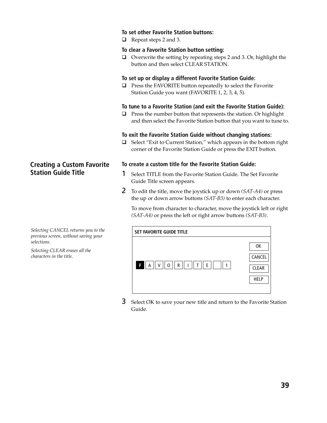 Sony SAT-A4, SAT-B3 Creating a Custom Favorite Station Guide Title, To set other Favorite Station buttons 