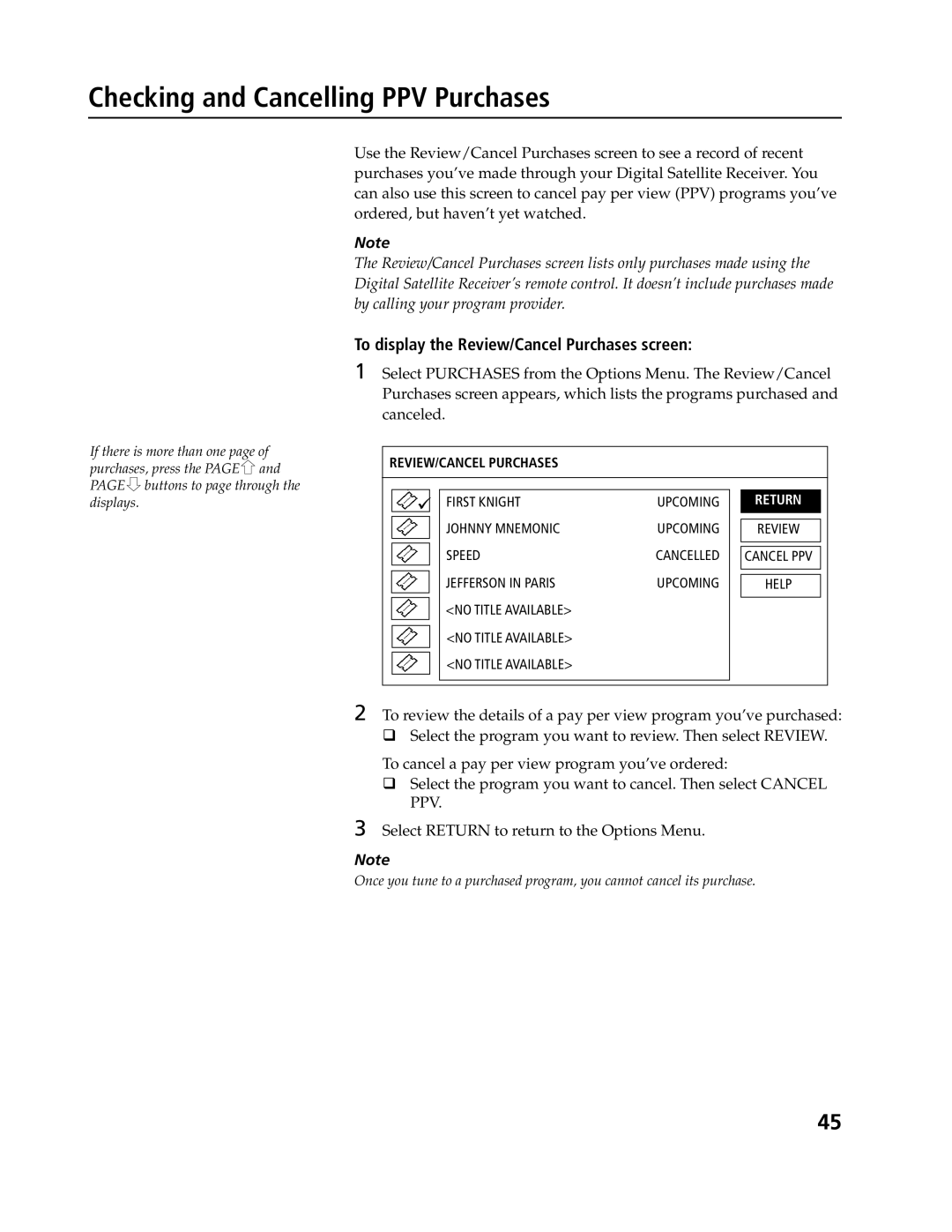 Sony SAT-A4, SAT-B3 Checking and Cancelling PPV Purchases, To display the Review/Cancel Purchases screen 