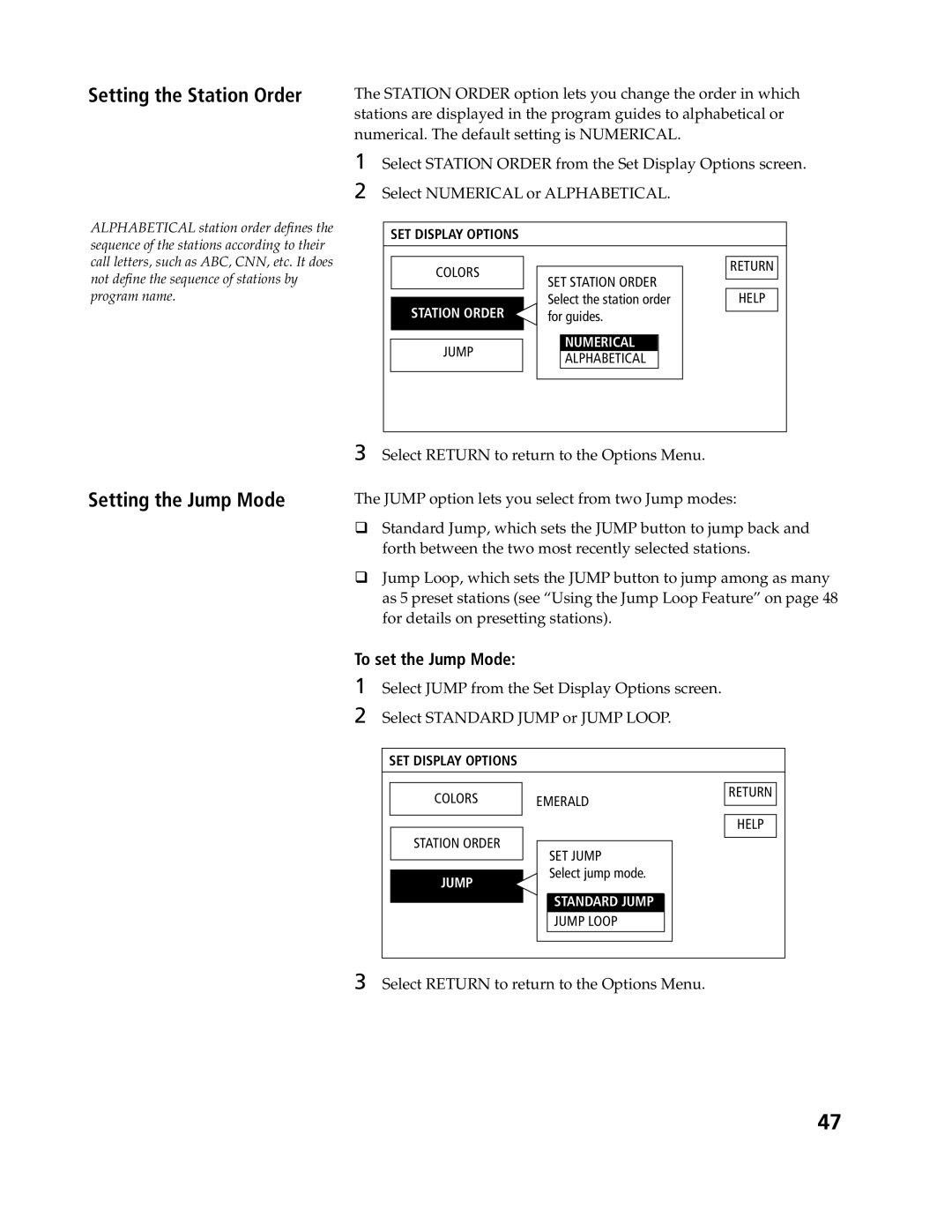 Sony SAT-A4, SAT-B3 operating instructions Setting the Station Order, Setting the Jump Mode, To set the Jump Mode 