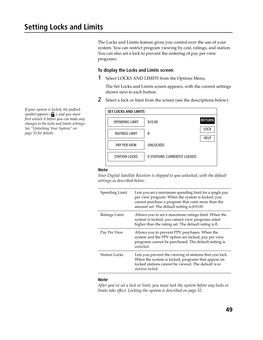 Sony SAT-A4, SAT-B3 operating instructions Setting Locks and Limits, To display the Locks and Limits screen 