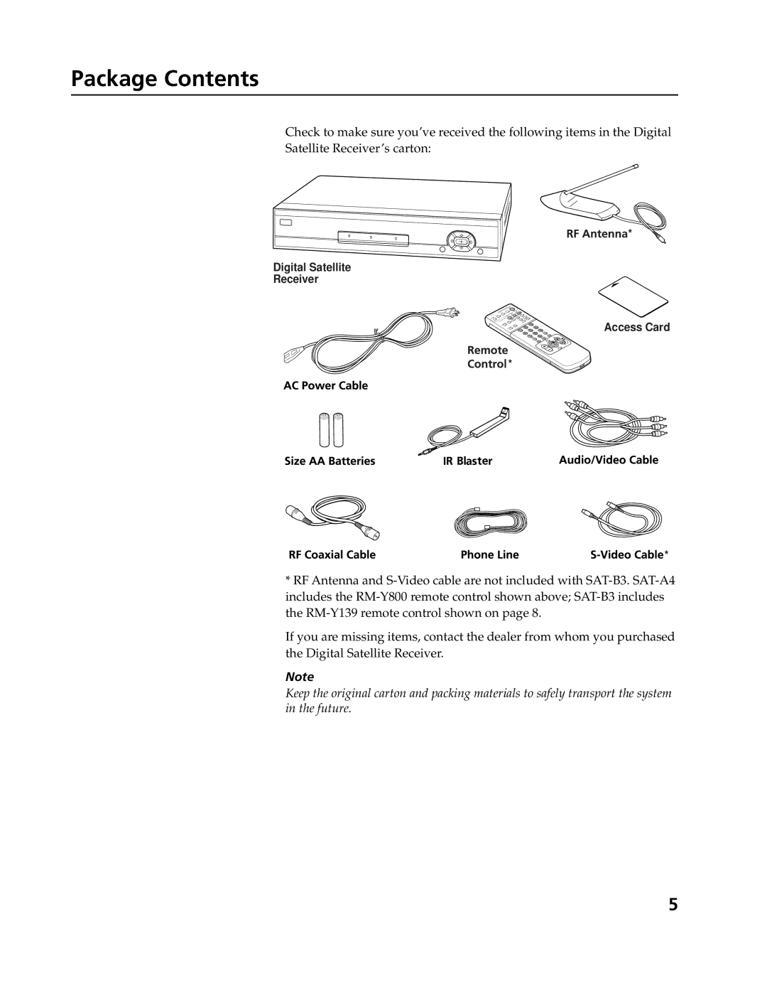 Sony SAT-A4, SAT-B3 operating instructions Package Contents 