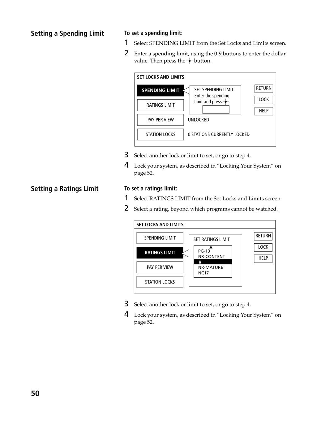 Sony SAT-B3, SAT-A4 Setting a Spending Limit Setting a Ratings Limit, To set a spending limit, To set a ratings limit 