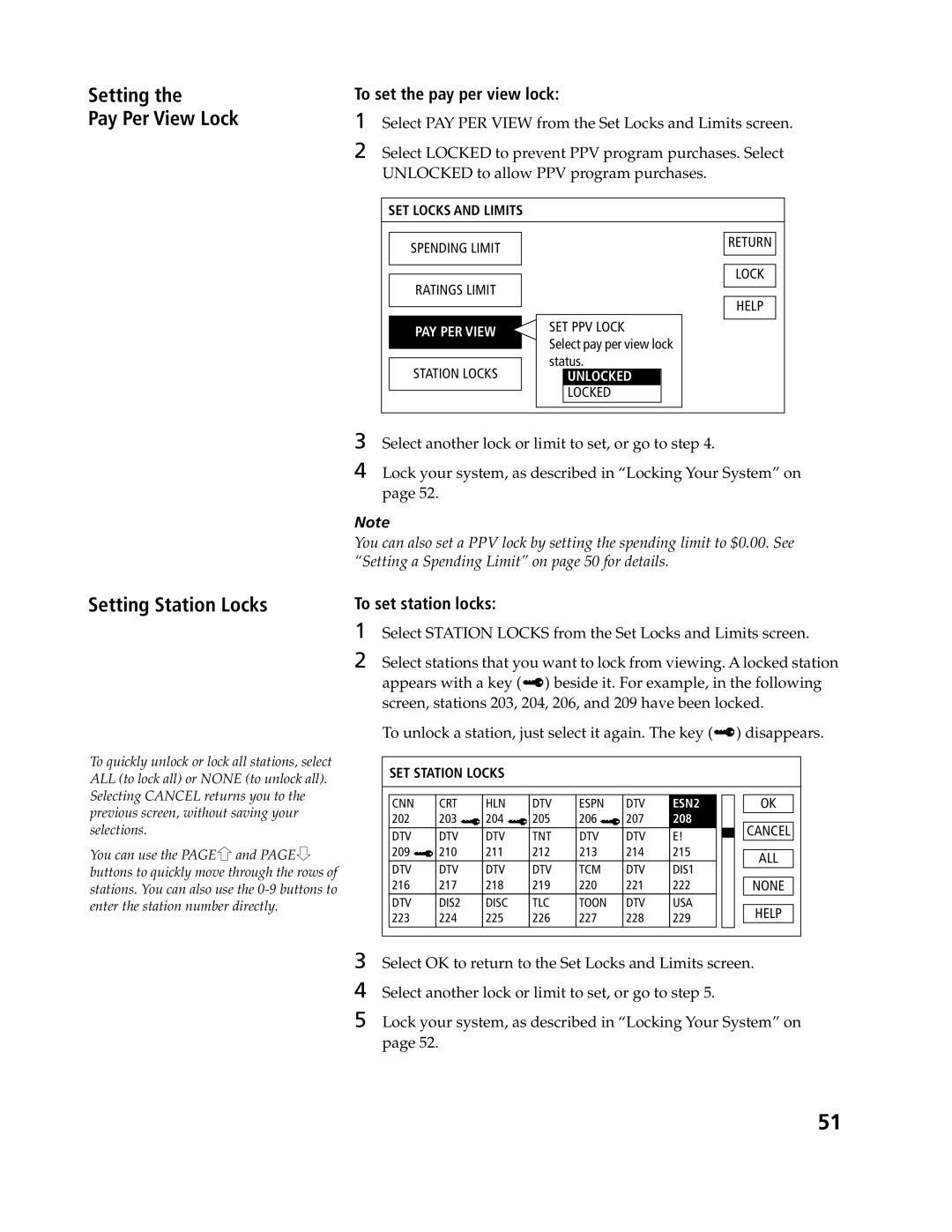 Sony SAT-A4, SAT-B3 operating instructions Setting Pay Per View Lock Setting Station Locks, SET Station Locks 