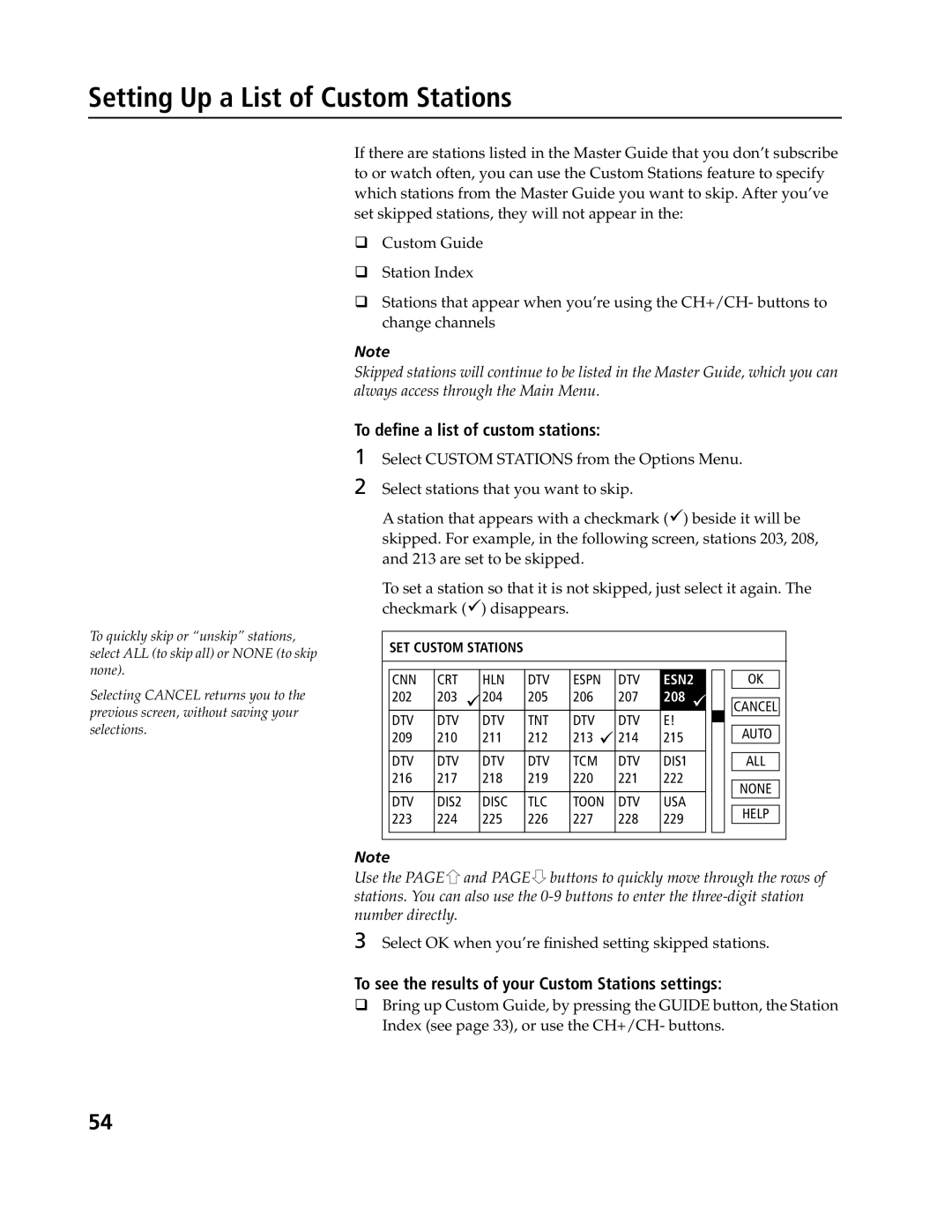 Sony SAT-B3, SAT-A4 operating instructions Setting Up a List of Custom Stations, To deﬁne a list of custom stations 