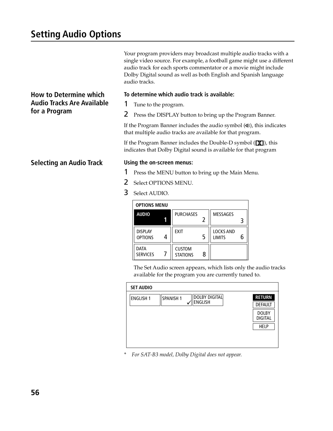 Sony SAT-B3, SAT-A4 Setting Audio Options, To determine which audio track is available, Using the on-screen menus 