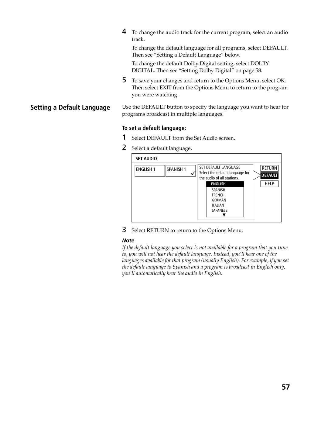 Sony SAT-A4, SAT-B3 Setting a Default Language, To set a default language, Programs broadcast in multiple languages 